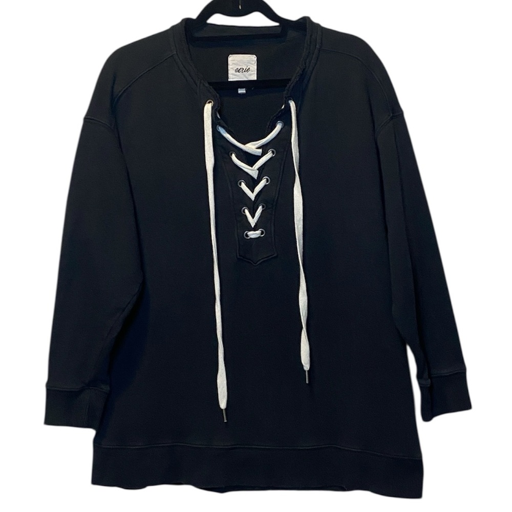 Aerie Lace Up Sweatshirt Women’s Small Black Oversized Crewneck Comfy Pullover